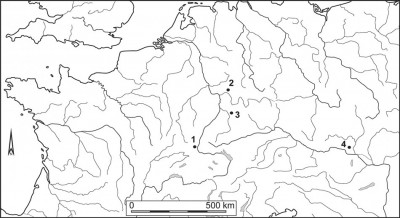 Figure 1. Location of the sites discussed: 1) Mulhouse-Est; 2) Kilianstädten; 3) Talheim; 4) Asparn-Schletz.